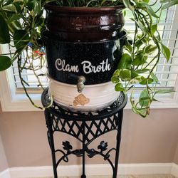 Vintage Graniteware Repurposed Clam Broth Pot and Chippy Terracotta Planter