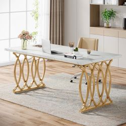 Executive Desk, 63" W Large Computer Desk, Modern Office Desk Conference Table Meeting Room Table, Business Furniture for Home Office, White and Gold