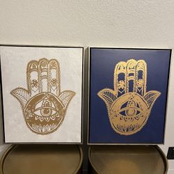 Framed Hamsa Hand Canvas Wall Art Decor Set of 2