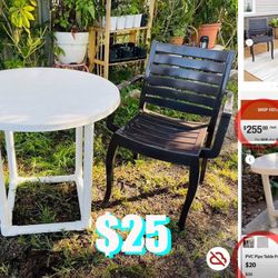 $25 Garden 🪴 set PVC Table and Arm Plastic chair; heavy duty both table fiberglass & PVC