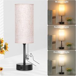 Table Lamp for Bedroom, 3-Color with outlet for charging 