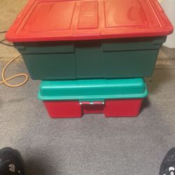 Two Holiday Plastic Storage Boxes 