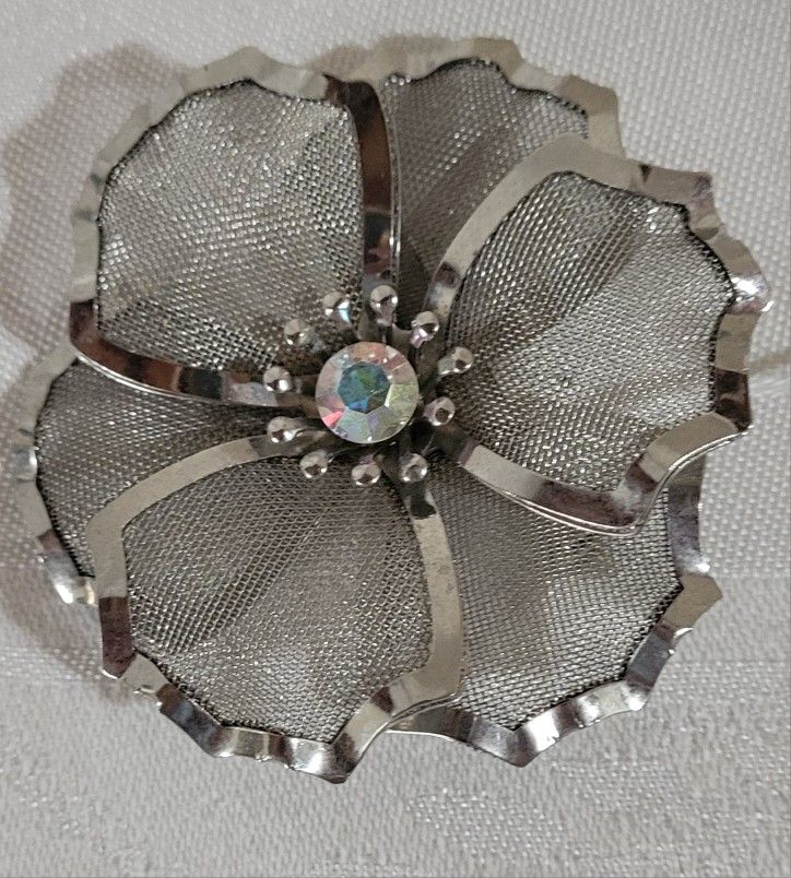Vintage Signed BED Silver Mesh Layered Flower Brooch Pin