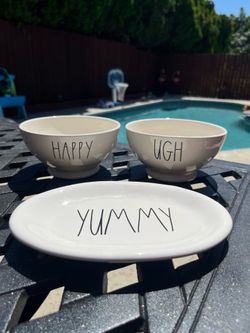 Rae Dunn 3-Pc Ceramic Set - HAPPY & UGH Footed Bowls + YUMMY Dish