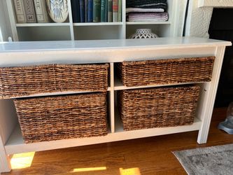White Wood Console Table with Wicker Baskets
