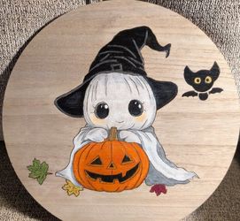 Ghost and pumpkin Halloween wood art