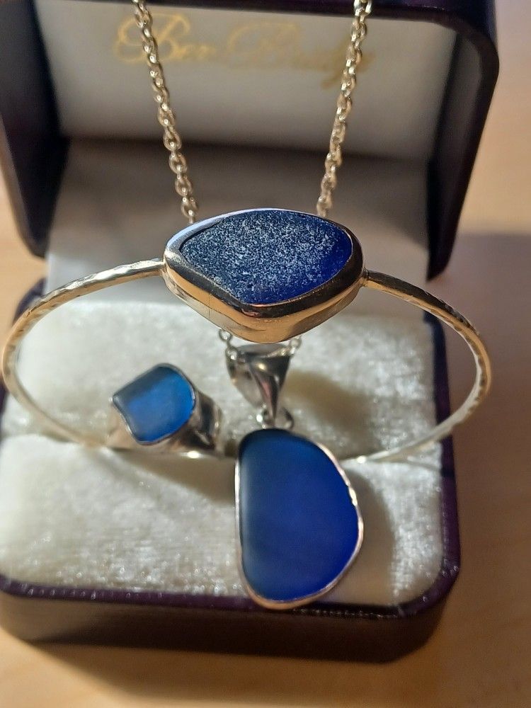 Sterling Silver Seaglass Cobalt Blue Set