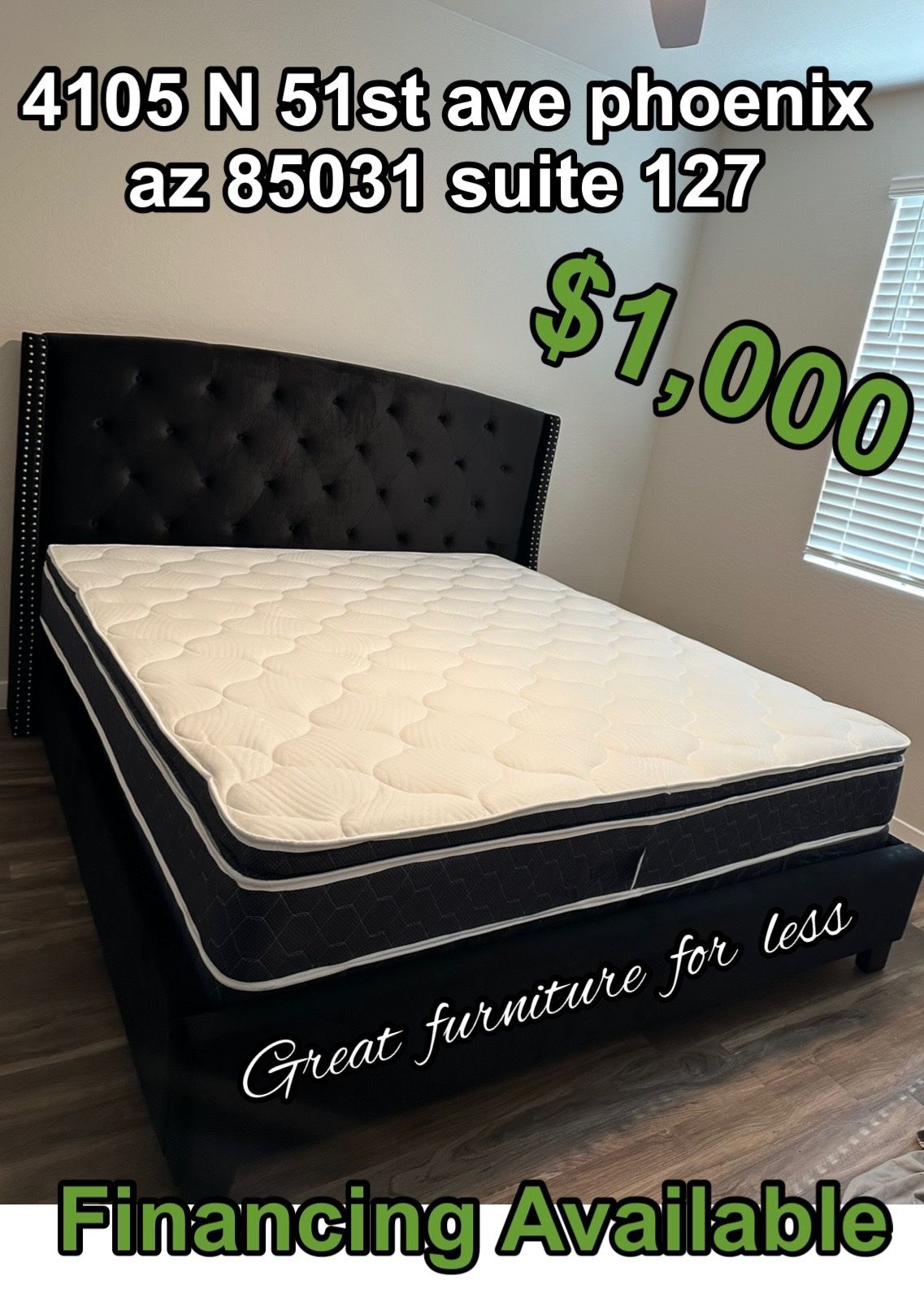 King Size Bed Frame Black Velvet With Pillow Top Mattress And Boxspring Brand New