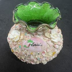 Vtg Shell Art Old Florida Souvenir Green Glass Vase Encrusted w/ Sea Shells