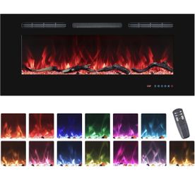 48'' Electric Fireplaces Inserts, Recessed & Wall-Mounted Fireplace Heater with Thermostat, 750/1500W, Black - NWT