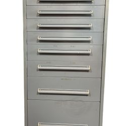 Equipto Heavy Duty, Nine Drawer Tool, Parts, Chest, Cabinet w/ Forkable Frame 59” T 30” Wide
