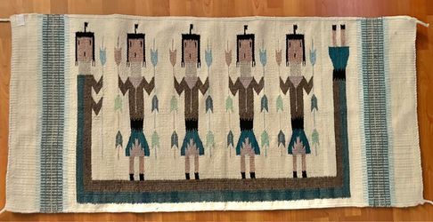 Large Navajo Native North American Rug 5 Beings & Arrows Wool Blend Wall Art
