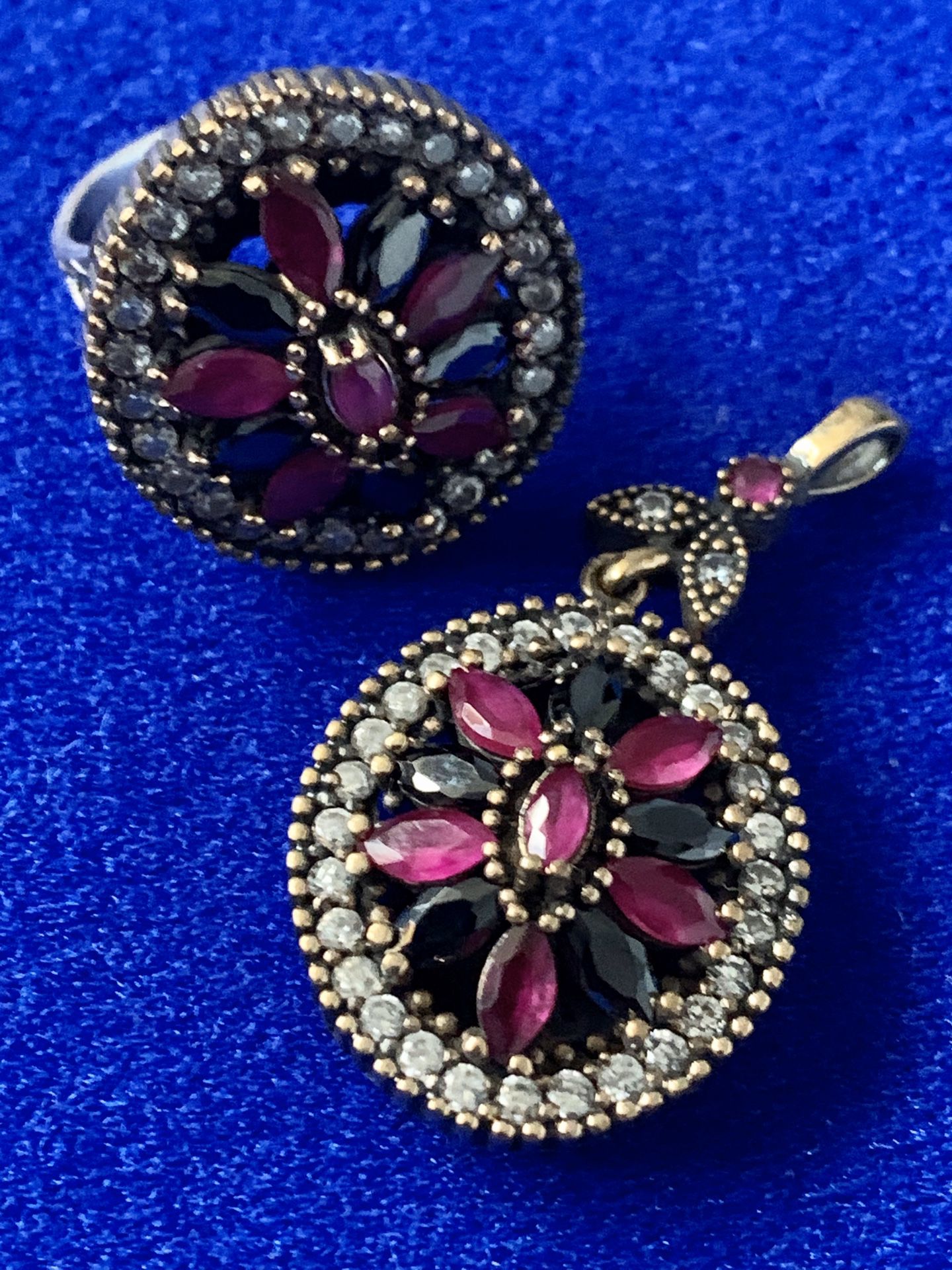 Antique Vintage Roxelana Style Ruby & Onyx Topaz Pendant Necklace & Ring Size 7 Set