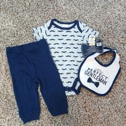 Little Beginnings baby boy onesie outfit with pants, bib size 6-9 months new gray navy blue