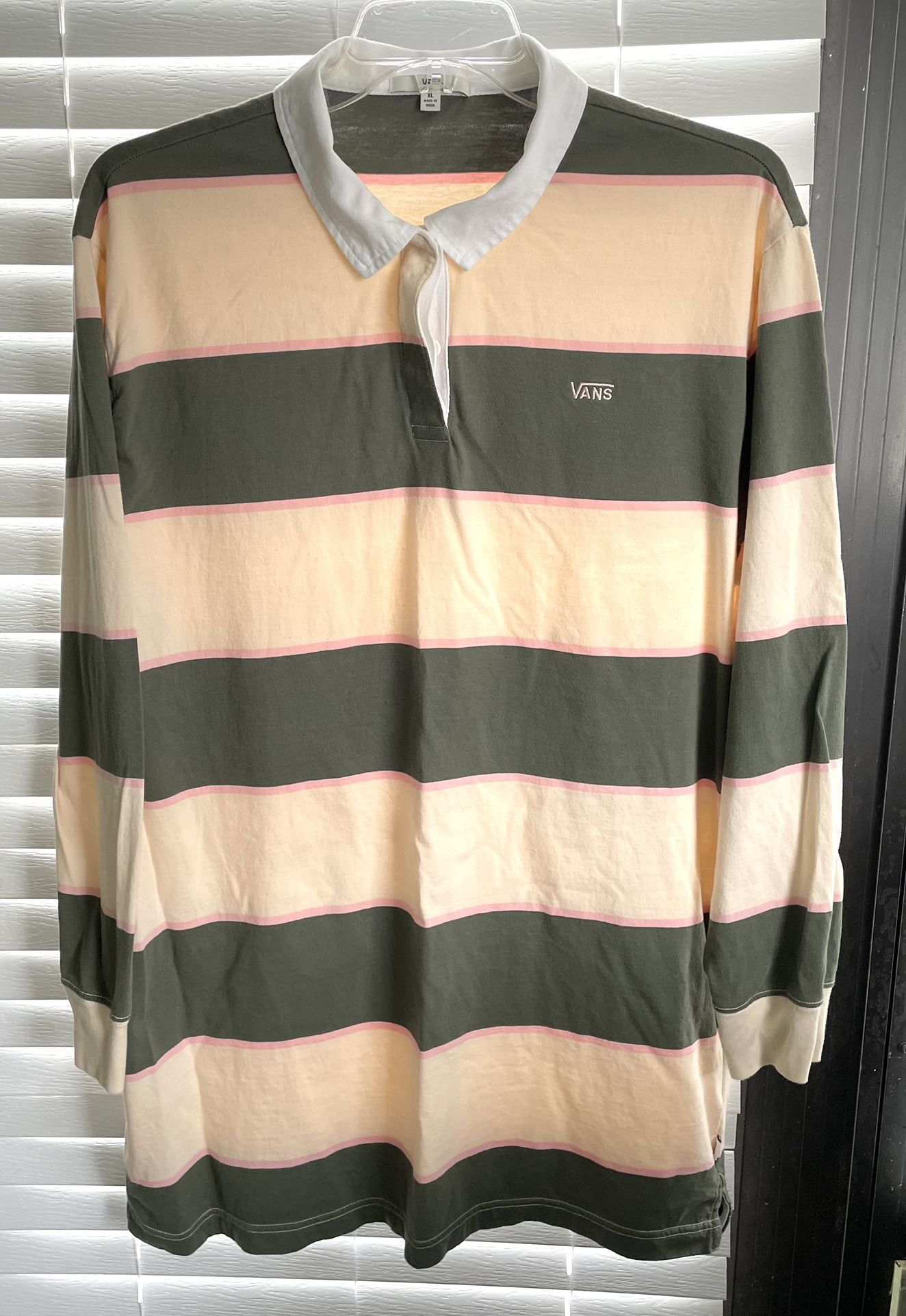 VANS Polo Shirt - Mens Big & Tall XL - Green/Pink/Cream - Long Sleeve - Striped