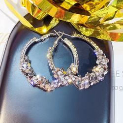 Fashion Exaggerated Circle Full Of Diamond Large Silver Hoop Earrings.