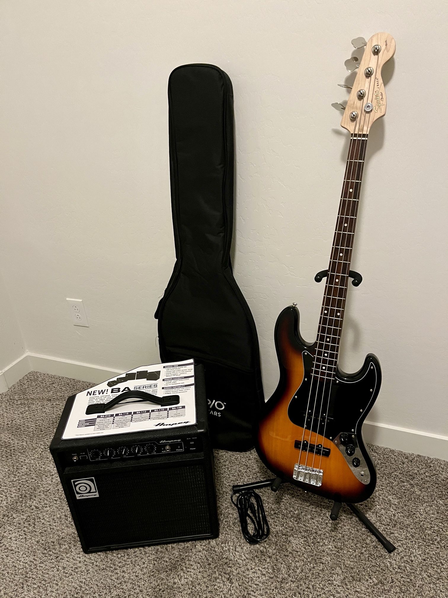 Bass Guitar and Amp Package Fender Squier Jazz Bass Guitar, Ampeg Amp