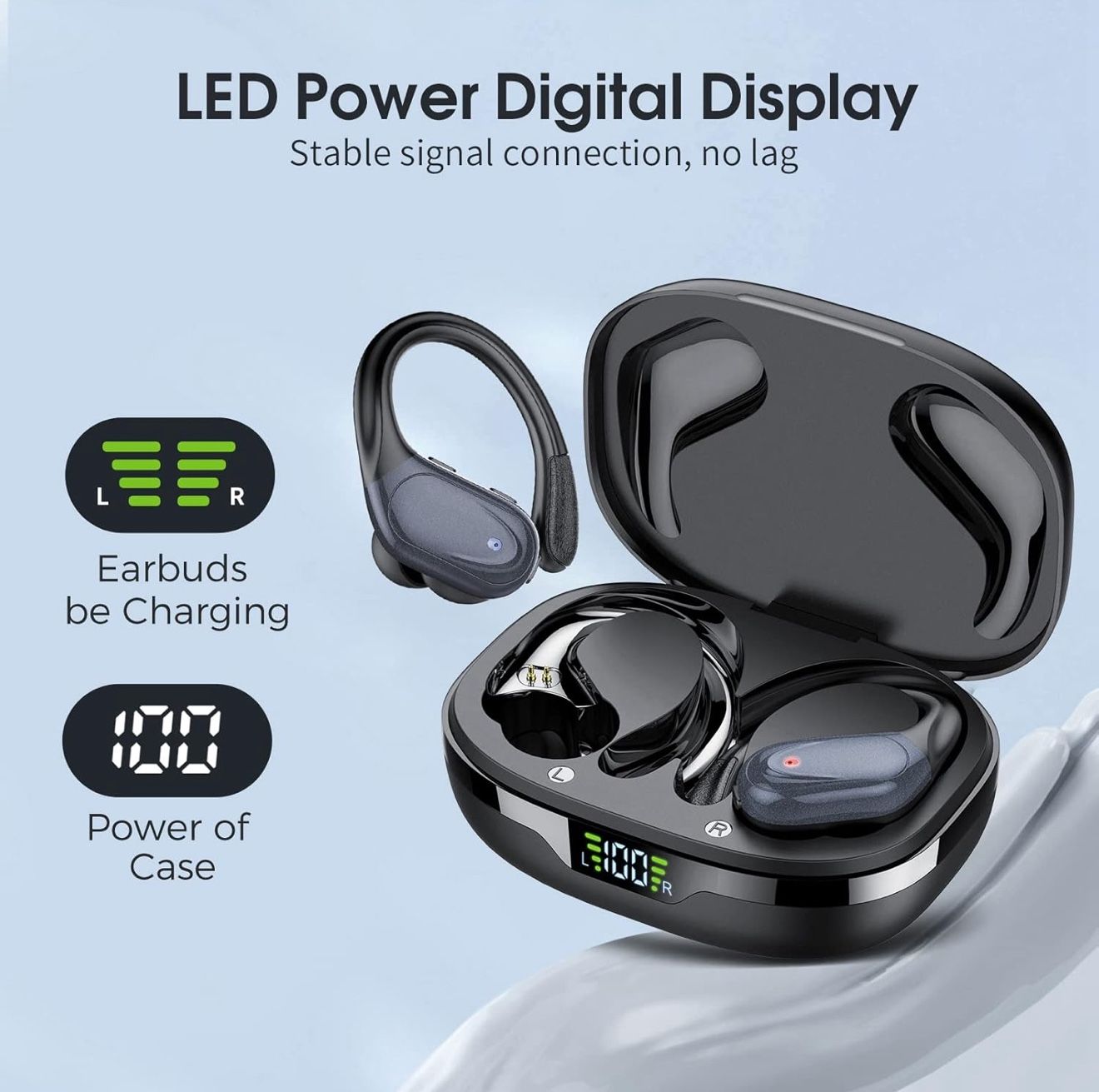 CASCHO Wireless Earbuds 60Hrs Playtime Bluetooth Headphones HD Stereo Audio Digital LED Display Over-Ear Earphones with Earhook Waterproof Headset wit