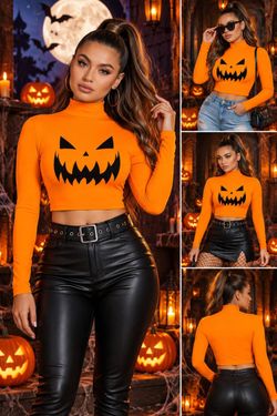Halloween Pumpkin Long Sleeve Crop Top - All Sizes