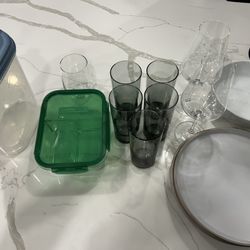 Kitchen items (cups, plates, bowls, container, and pitcher)