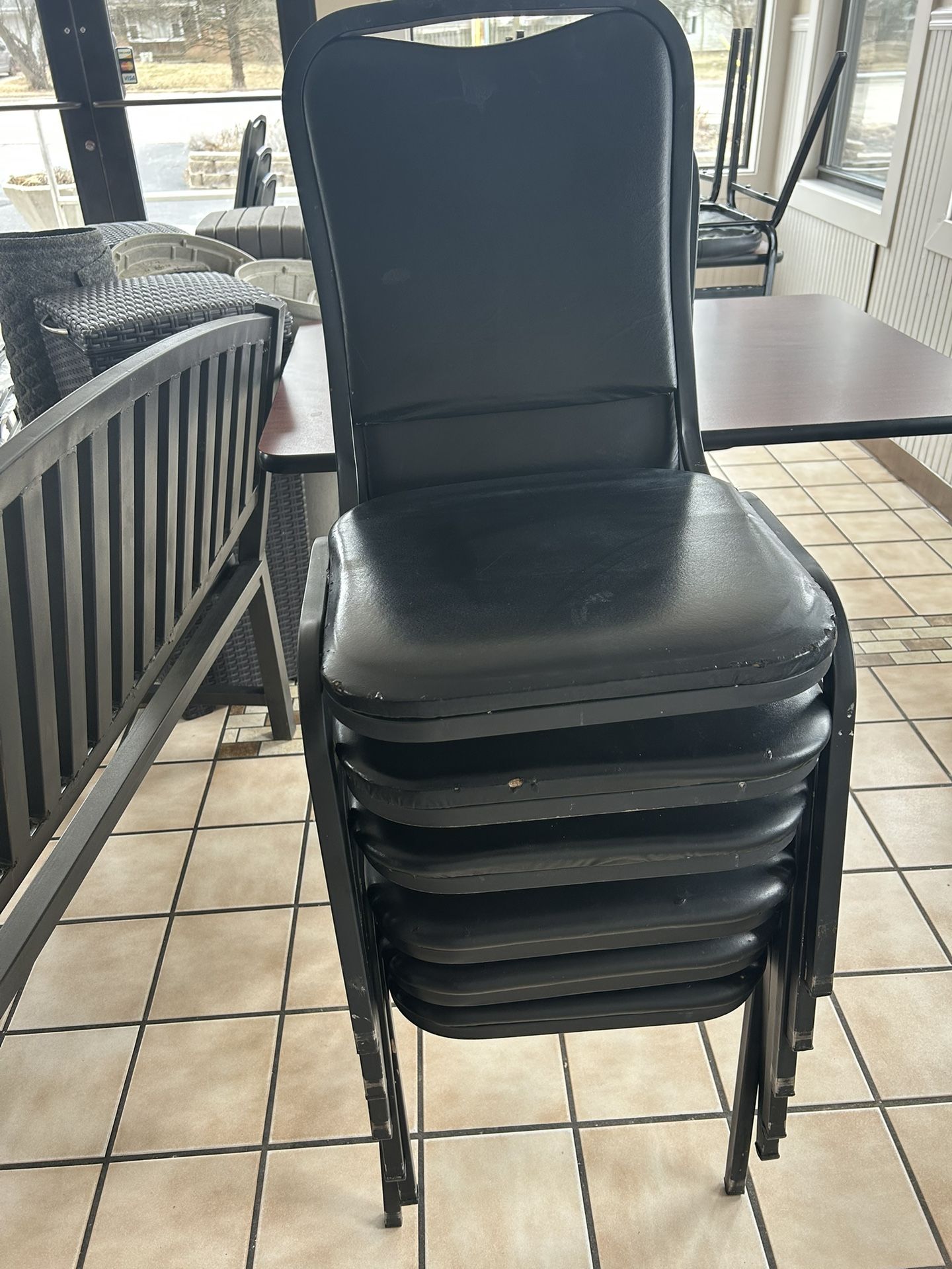 6 Loft Brand SC105 Black Vinyl Stack Metal Chairs