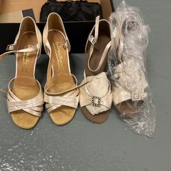 2 Pairs Of Neutral/beige Ballroom Dancing Shoes Size 6.5