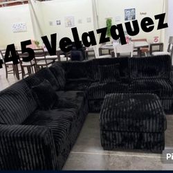 ✅️✅️ 4pc Black  corduroy fabric upholstered sectional sofa with ottoman ✅️✅️