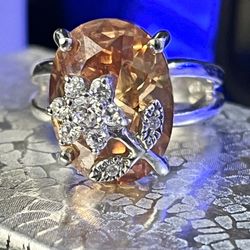 Sterling Silver Large Champagne Cubic Zirconia With Flower Inlay Ladies Cocktail Ring