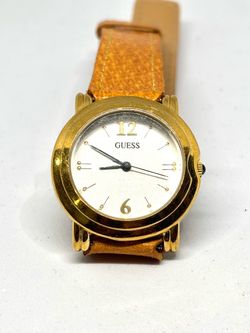 Vintage Guess Gold-Tone Watch with Tan Leather Strap