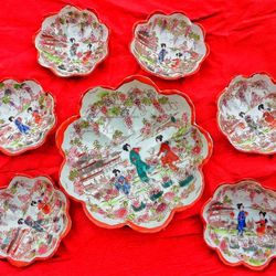 Antique Geisha Girl Porcelain Berry Bowl Set 7 PIECES Made In JAPAN unmarked