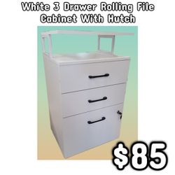 NEW White 3 Drawer Rolling File Cabinet With Hutch: Njft 