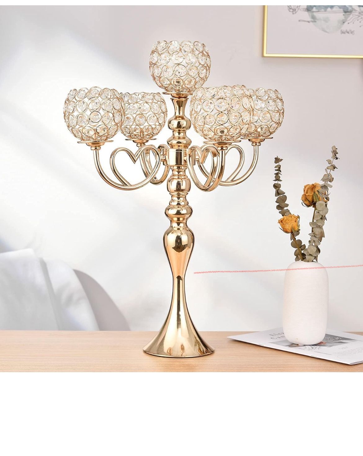 Gold Candelabra Candle Holder, Elegant Centerpiece Table Decorations 5 Arms Candlesticks for Dining Room