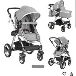 BABY JOY Baby Stroller, 2-in-1 Convertible Bassinet Reclining Stroller, Foldable Pram Carriage with 5-Point Harness, Including Cup Holder, Foot Cover,