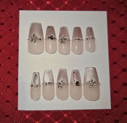 Press-On Nails | Long Coffin | Pale Pink Cateye Tip w/ Bling (#5)