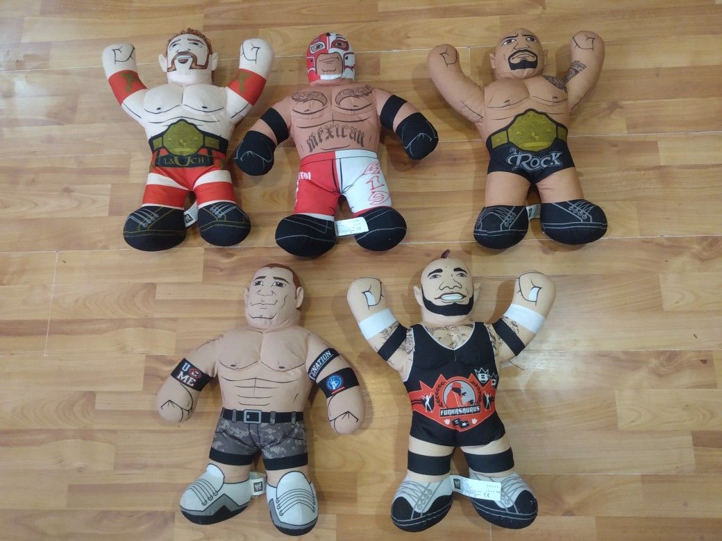 Lot Of 5 WWE Rock, Cena, Rey Wrestling Brawlin Buddies 16" Plush Toy Talking