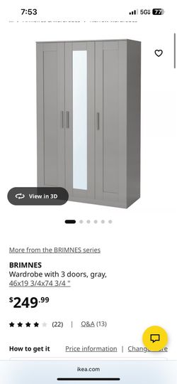 IKEA BRIMNES 3-Door Wardrobe with Mirror, Gray
