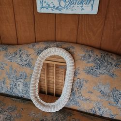 Boho White Wicker Oval Mirror 19x12 Dresser vanity perfume tray? rattan beachy