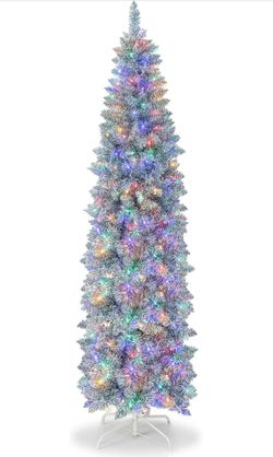 GOFLAME 7 FT Pre-Lit Pencil Christmas Tree, Hinged Artificial Xmas Tree with 670 Branch Tips & 350 Colorful LED Lights, Holiday Decoration Tree with P