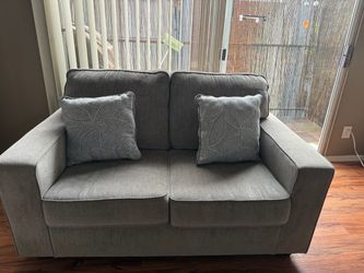 Gray Fabric Loveseat with Accent Pillows