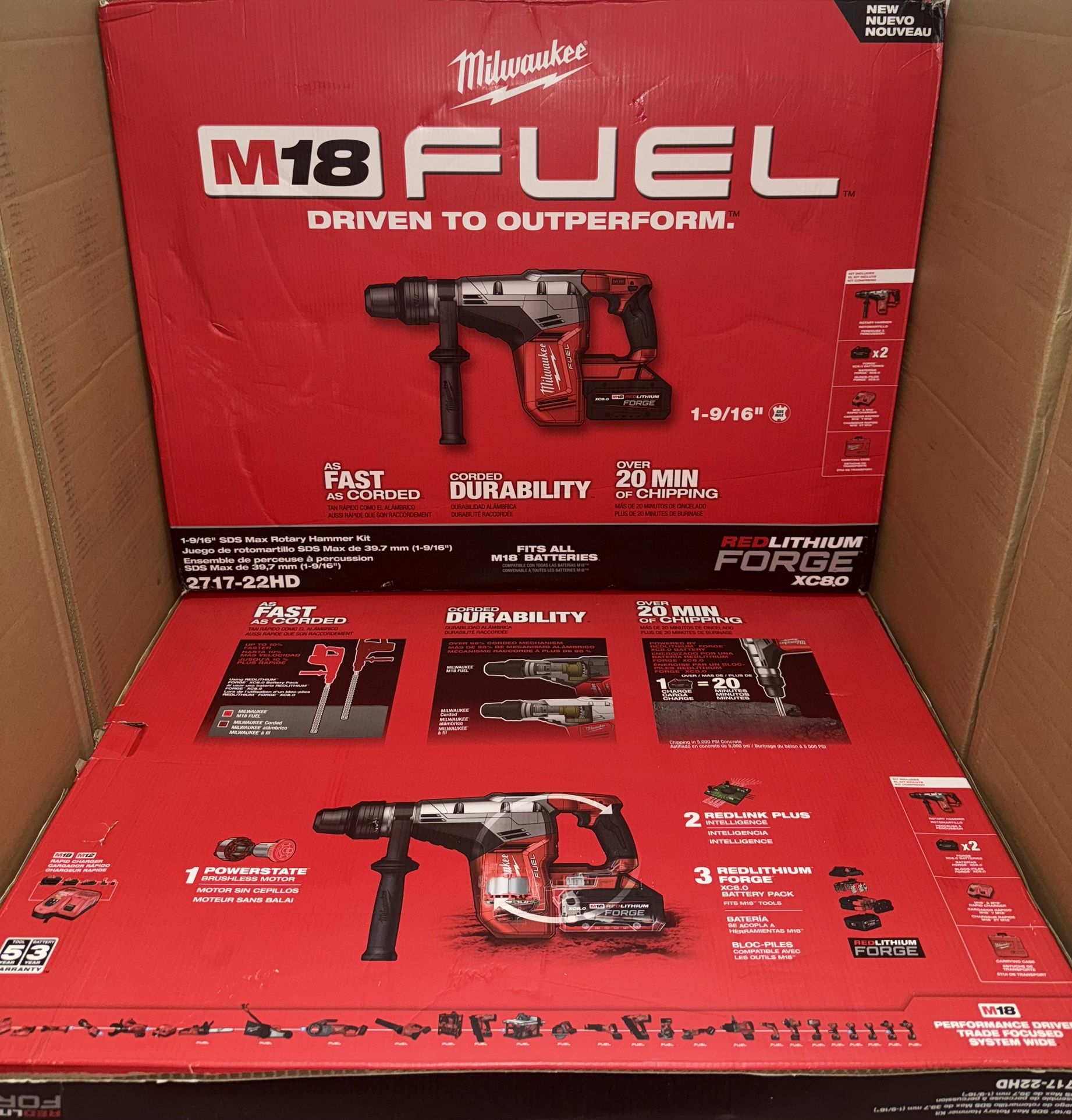 Milwaukee M18 Fuel 1-9/16” SDS MAX Rotary Hammer Drill Kit. Model #2717-22HD