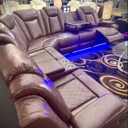 3 Piece Brown  Breathing Leather Reclining Sectional