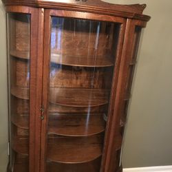 Antique Oak China Cabinet Triple Curved Glass