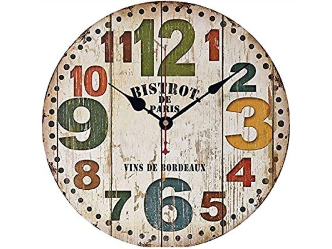 NEW 12" Battery Retro Wooden wall clock farmhouse colorful Tuscan rustic country silent non-ticking