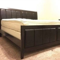 Cappuccino Wooden Bed Frame With Black Padded Leatherette Headboard & Footboard