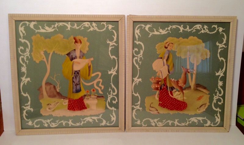 Pair of Vintage 1940's Bernard Picture Co. Asian Watercolor Paintings