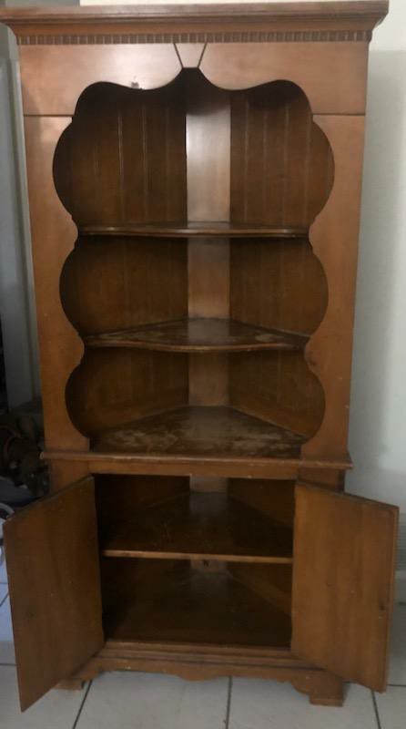Antique Corner Shelf With 3 Shelves &  Bottom Cabinet Storage 