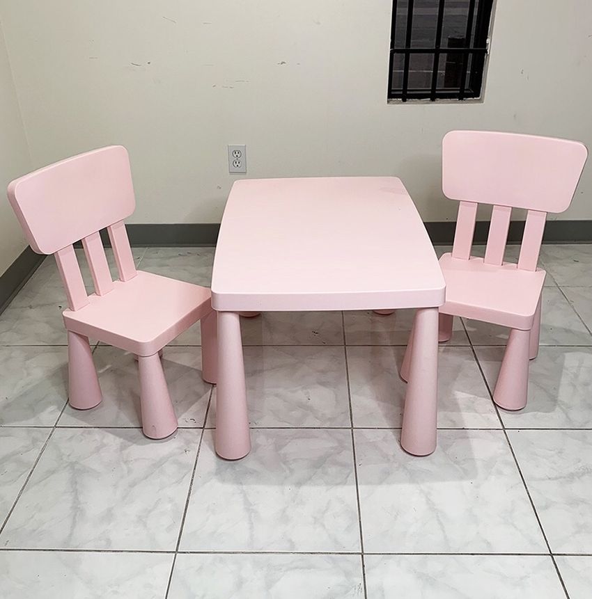 $50 (new in box) plastic kids activity (2) chairs and table set, table 30x21x19”, chair 12x12x26” (pink)