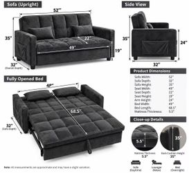 52” Gray 3-in-1 Convertible Sofa Sleeper Bed