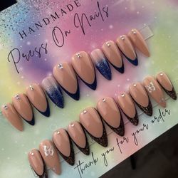 Medium stiletto Press on nails rhinestones ombre glitter French tip butterflies