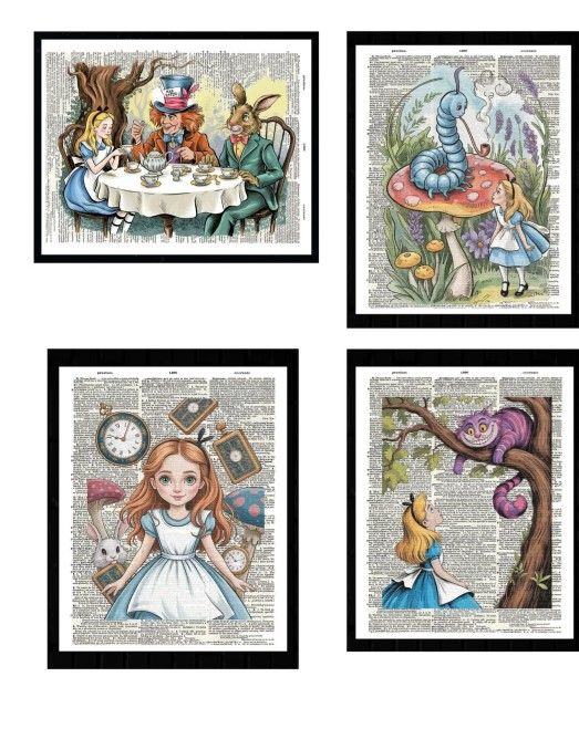 Unframed SIGNED Alice In Wonderland Dictionary Page Art Print Lot